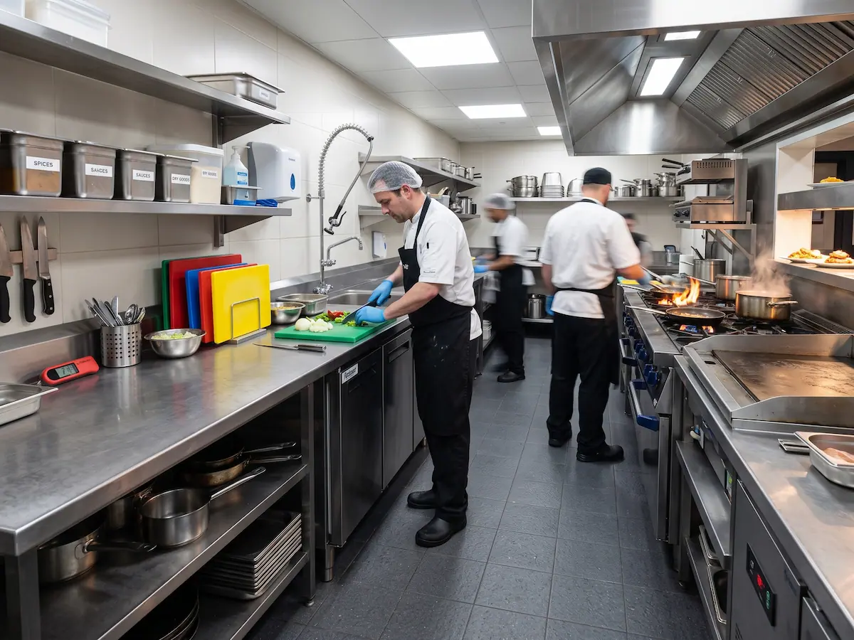 Chefs working in a professional commercial kitchen, with a chef in the foreground chopping vegetables on a colour coded cutting board while colleagues cook on a gas range in the background.