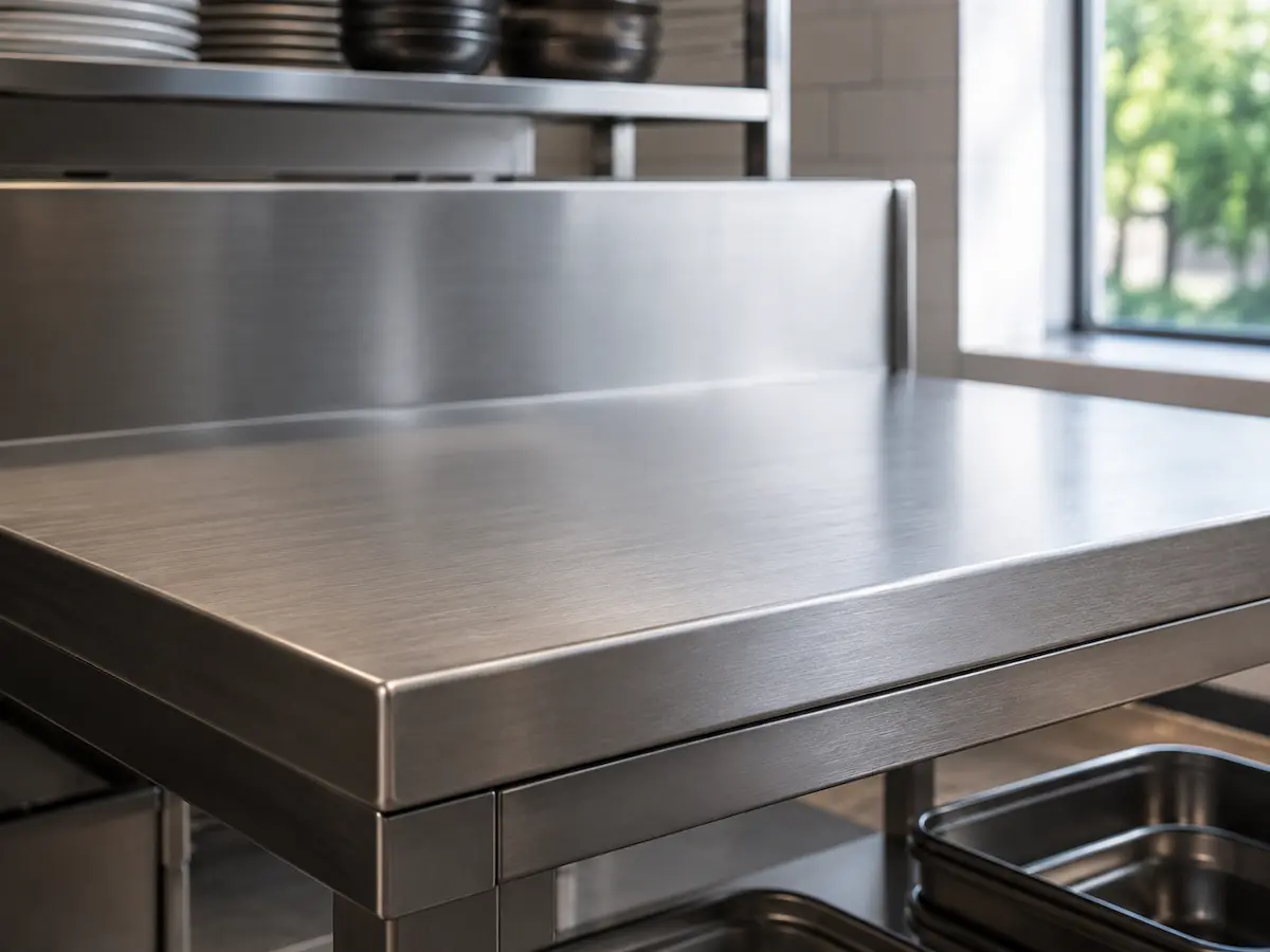 Close up of a bespoke brushed stainless steel restaurant preparation table with premium work surface and folded edges