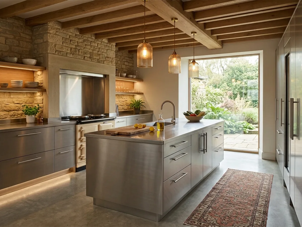 A modern English barn conversion kitchen featuring a brushed stainless steel island and cabinets with T bar handles, a traditional cream AGA range cooker set in a stone wall alcove, ribbed glass pendant lights, and exposed wooden ceiling beams.