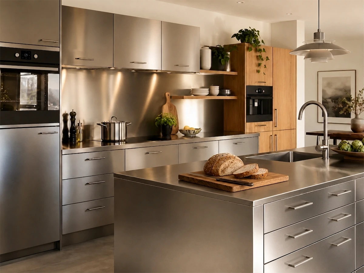 A modern Scandinavian style kitchen featuring sleek brushed stainless steel cabinetry and a central island with matching horizontal metal handles on the drawer fronts, balanced by oak wood pantry units and warm ambient lighting.