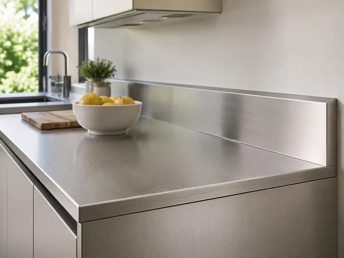 A close up side perspective of a brushed stainless steel kitchen worktop featuring a matching integrated rear upstand, a white bowl of lemons, a wooden chopping board, and a sink with a mixer tap in the soft focus background.