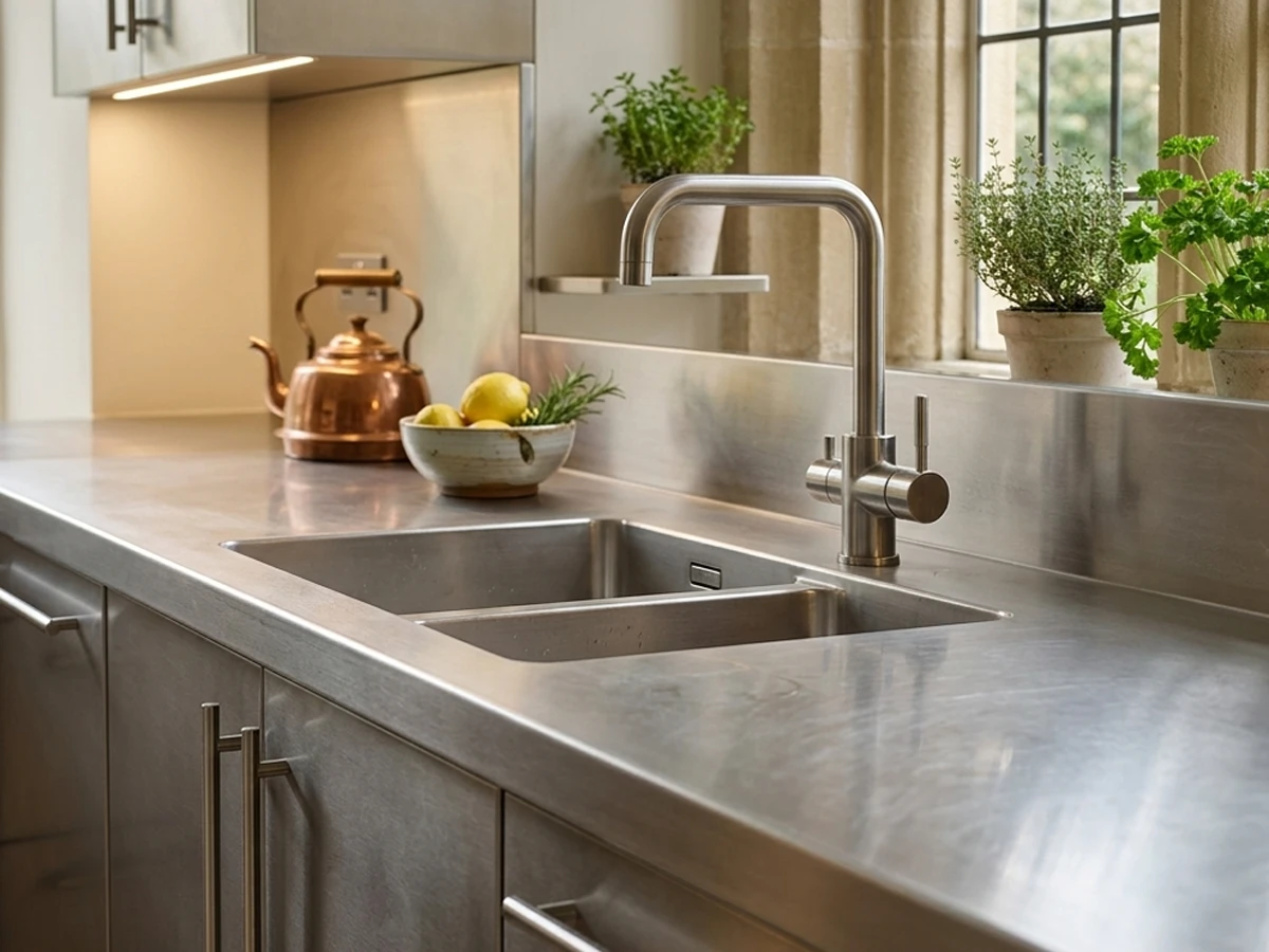 A close up view of an integrated double stainless steel kitchen sink with a contemporary mixer tap, stainless steel worktop, extra height upstand, a copper kettle, and potted herbs on a stone window sill.