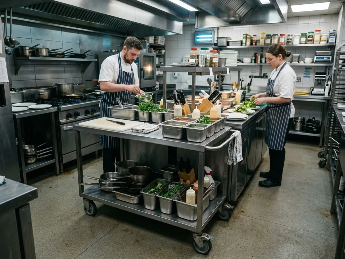 Two chefs wearing striped aprons preparing dishes around a mobile stainless steel preparation table with gastronorm containers in a professional restaurant kitchen.