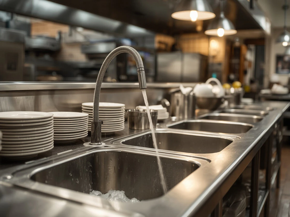 A professional stainless steel double bowl sink station in a commercial kitchen featuring a tall pre rinse spray tap, glass washing rack, and lower storage shelving.