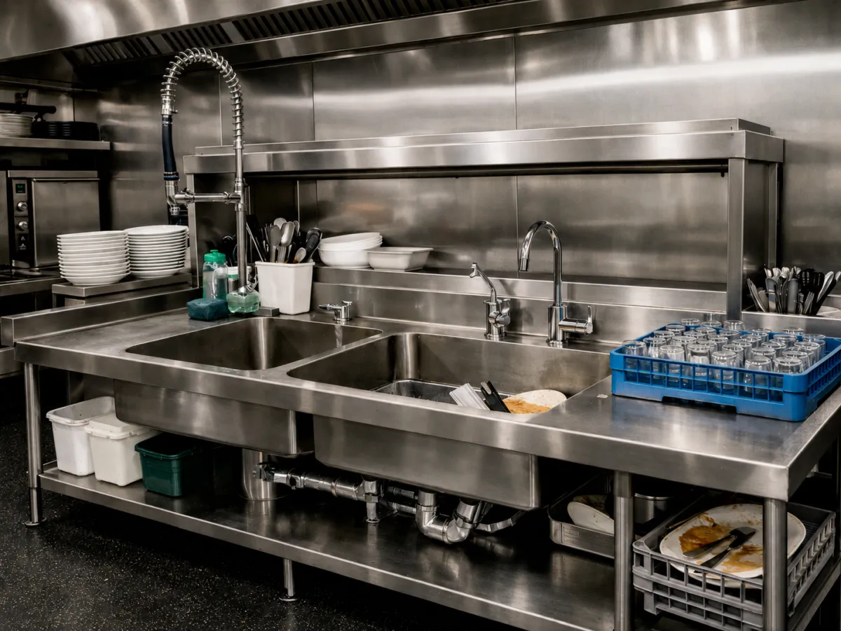 A professional commercial kitchen pot wash station featuring a large double bowl stainless steel sink with a tall flexible pre rinse spray tap, a secondary swivel mixer tap, and under sink storage shelving holding wash baskets and plates.