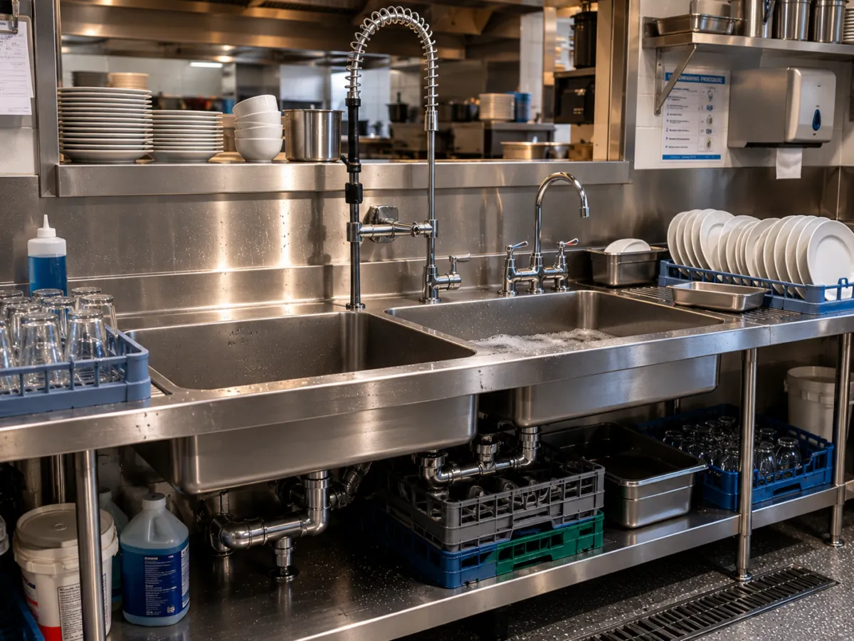 A commercial kitchen pot wash station featuring a large double bowl stainless steel sink with a professional flexible pre rinse spray tap, drying racks filled with plates and glasses, and under-sink storage for wash crates.