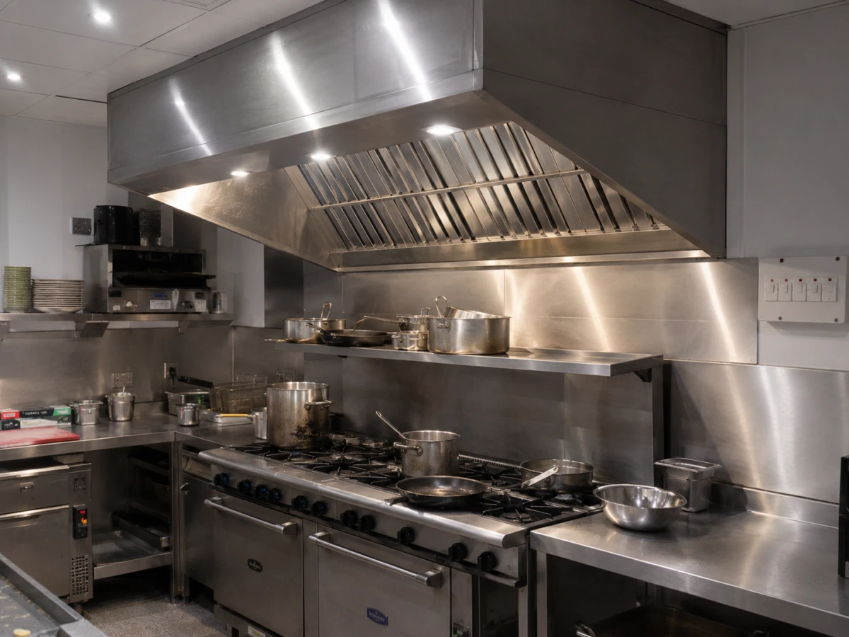 A professional stainless steel kitchen ventilation canopy with integrated spotlights hanging above a large gas cooker range, pots, pans, and catering worktops.