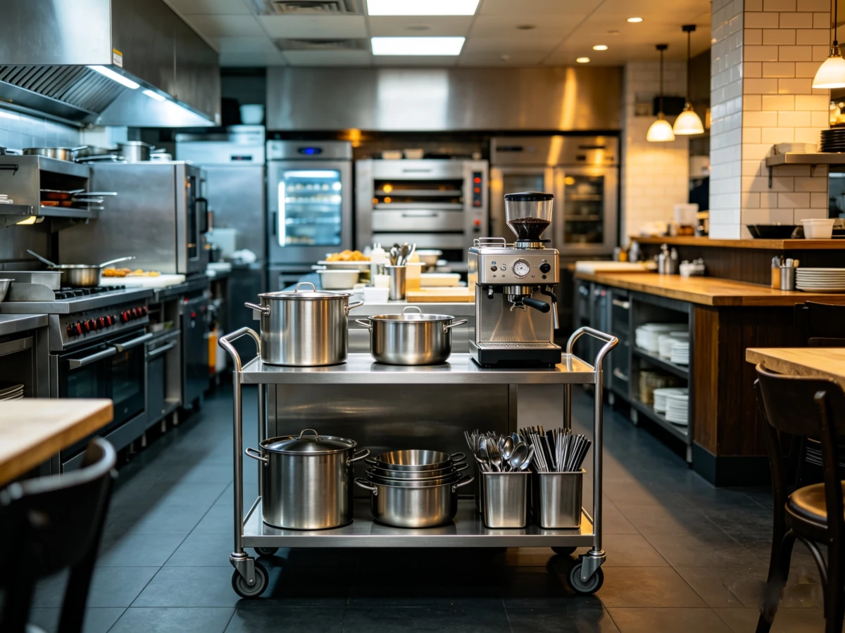 A mobile stainless steel catering trolley loaded with metal pots, pans, cutlery, and a coffee machine inside a professional restaurant kitchen.