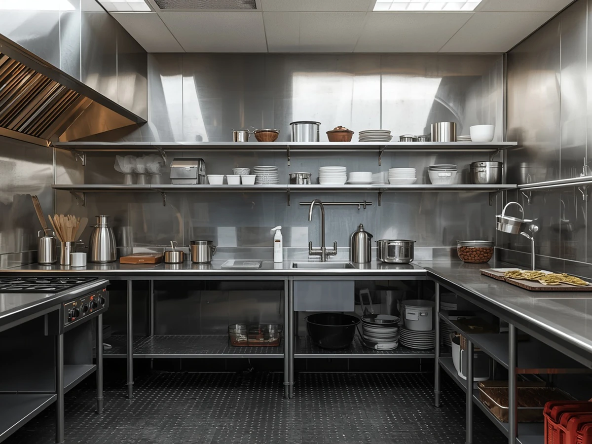 A fully equipped professional catering kitchen featuring seamless stainless steel worktops, integrated washing up sink, wall mounted shelves with crockery, and an extraction hood canopy.
