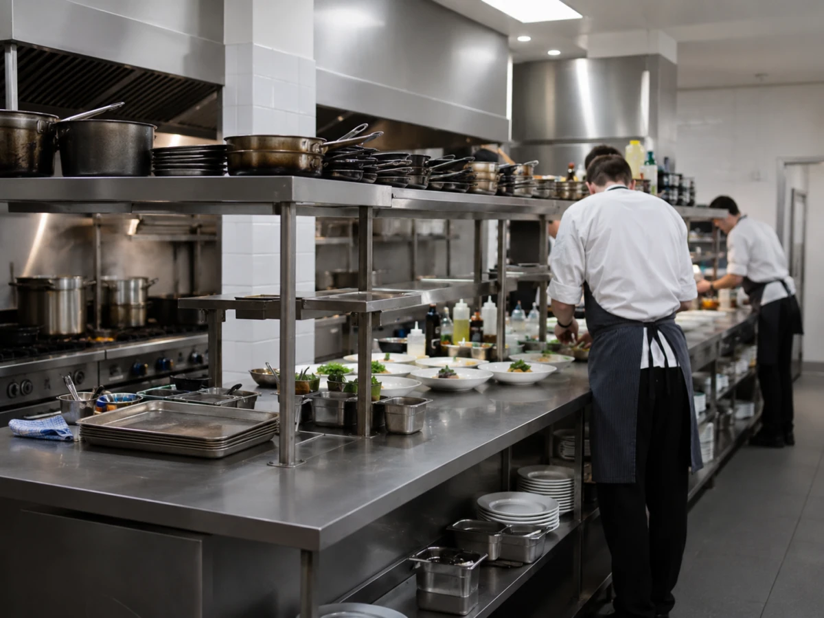 Professional chefs plating up dishes along a stainless steel pass in a busy commercial restaurant kitchen.