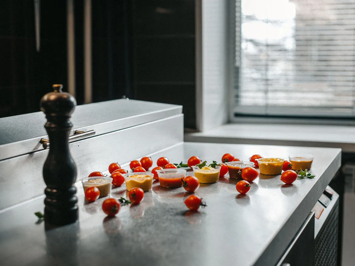 Brushed stainless steel kitchen worktop with cherry tomatoes, prepared sauces and a pepper mill in a commercial food preparation area.