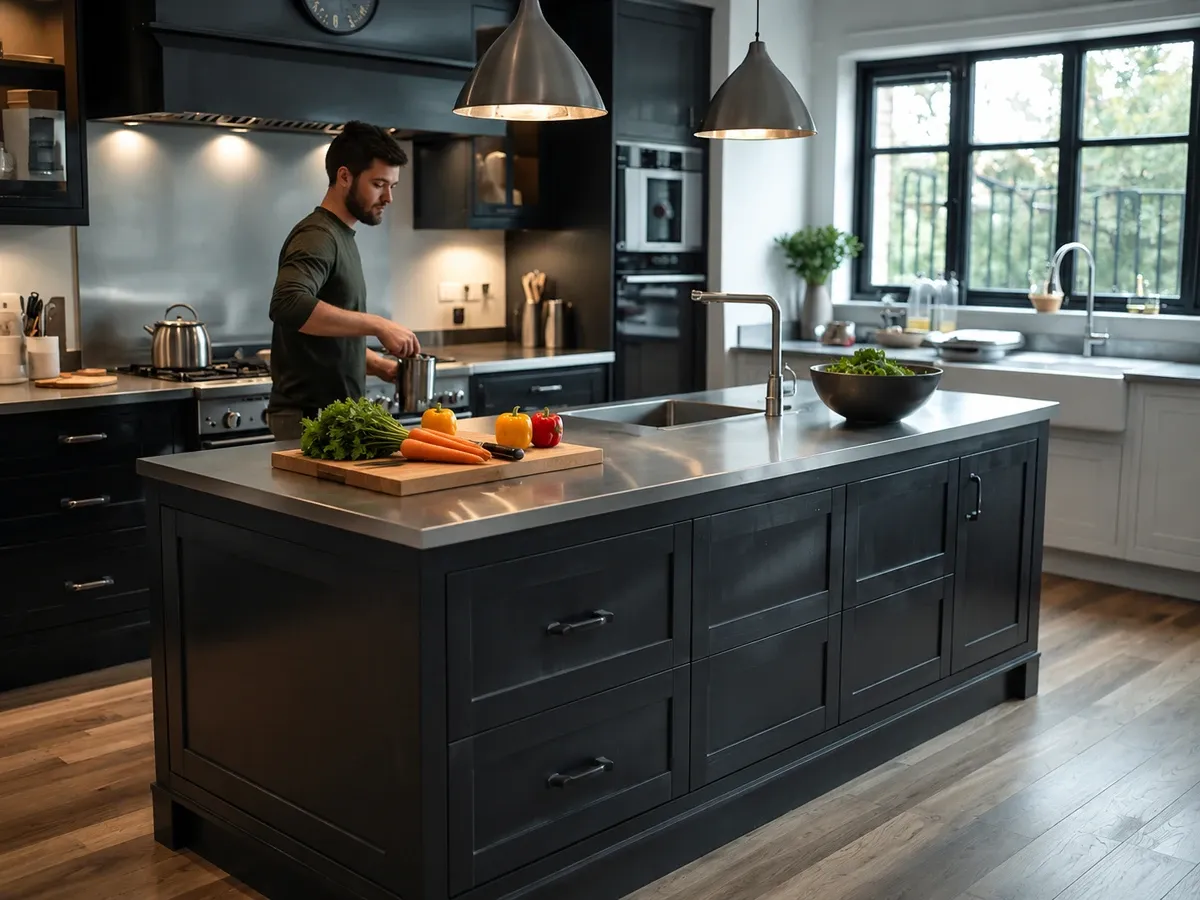 A modern industrial kitchen featuring a large central island with black cabinet doors and a brushed stainless steel worktop, industrial pendant lights, and dark shaker cabinets.