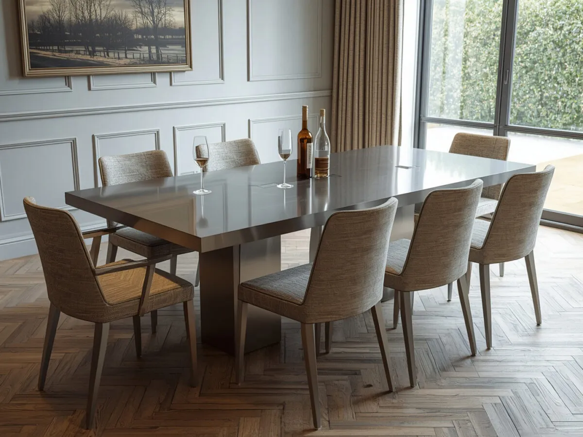 Elegant formal dining room featuring a large rectangular metallic dining table with matching pedestal bases, surrounded by upholstered grey chairs on dark walnut herringbone parquet flooring.