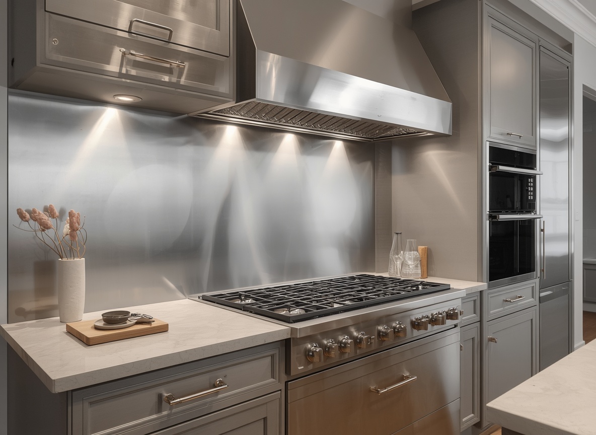 A modern English kitchen featuring a large satin finish stainless steel splashback behind a professional grade range cooker, flanked by grey cabinets with stainless steel T bar handles and illuminated by bright under cupboard spot lighting.