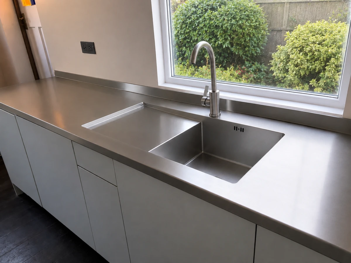 Seamless brushed stainless steel kitchen worktop and upstand featuring a fully integrated single bowl sink with a sloped drainer tray and a modern swan neck mixer tap under a window overlooking a garden.