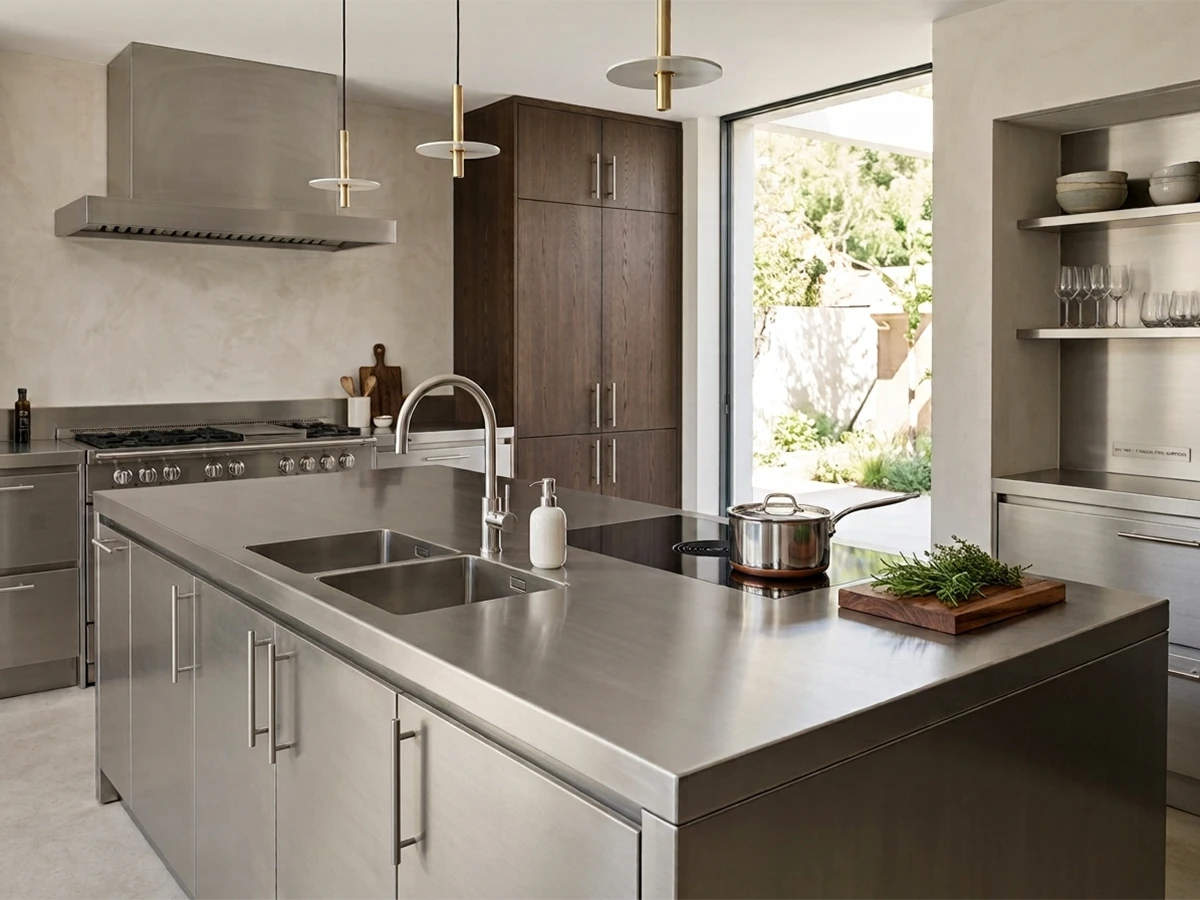 A modern minimalist kitchen featuring a brushed stainless steel island with an integrated double sink and flush induction hob, surrounded by matching steel units, dark wood tall cabinets, and elegant brass pendant lighting.