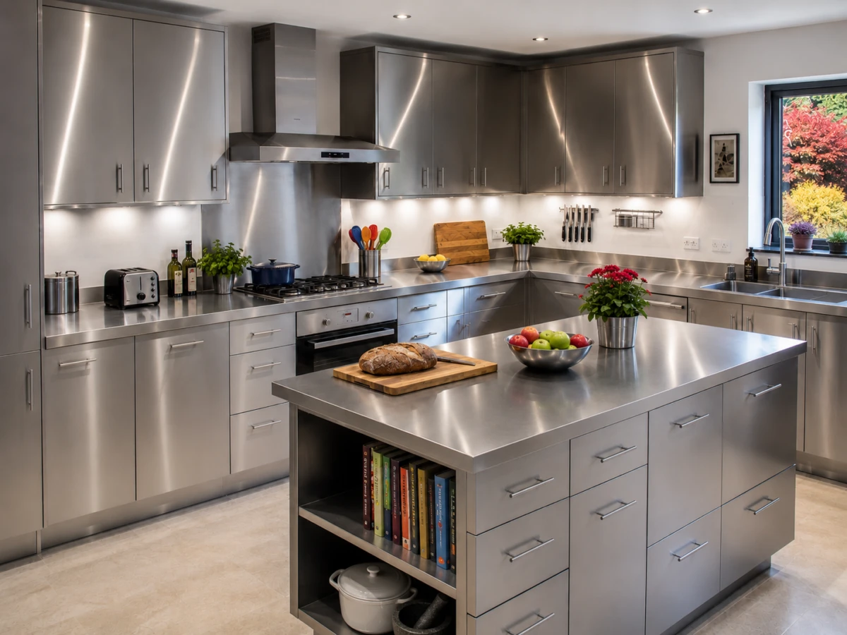 A modern English kitchen crafted entirely from brushed stainless steel cabinetry and worktops, featuring a central island with integrated drawers and a bookshelf end, under cabinet spotlighting, and a chimney cooker hood over a gas hob.