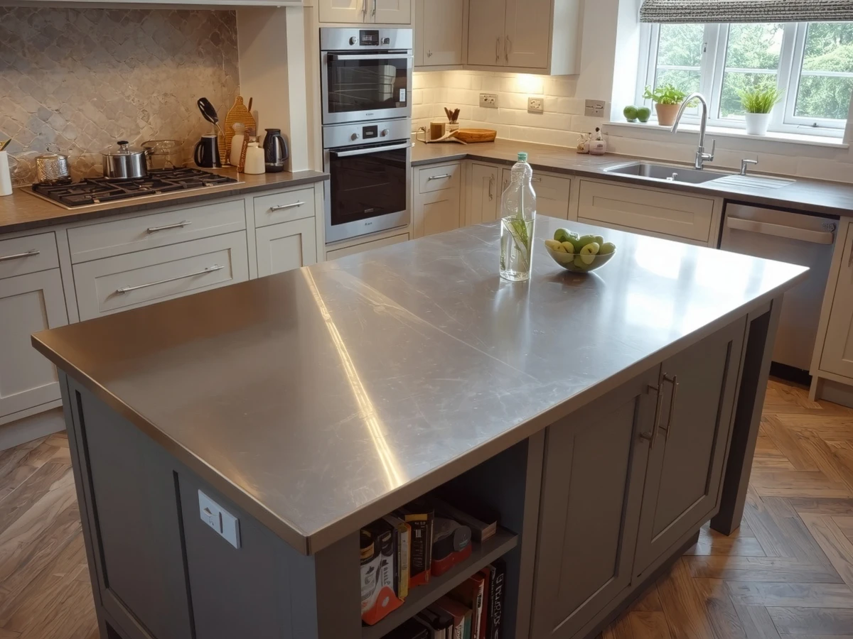 Modern traditional kitchen featuring a central island with a brushed stainless steel worktop, dark grey shaker cabinets, a built in double oven, gas hob, and herringbone wood flooring.