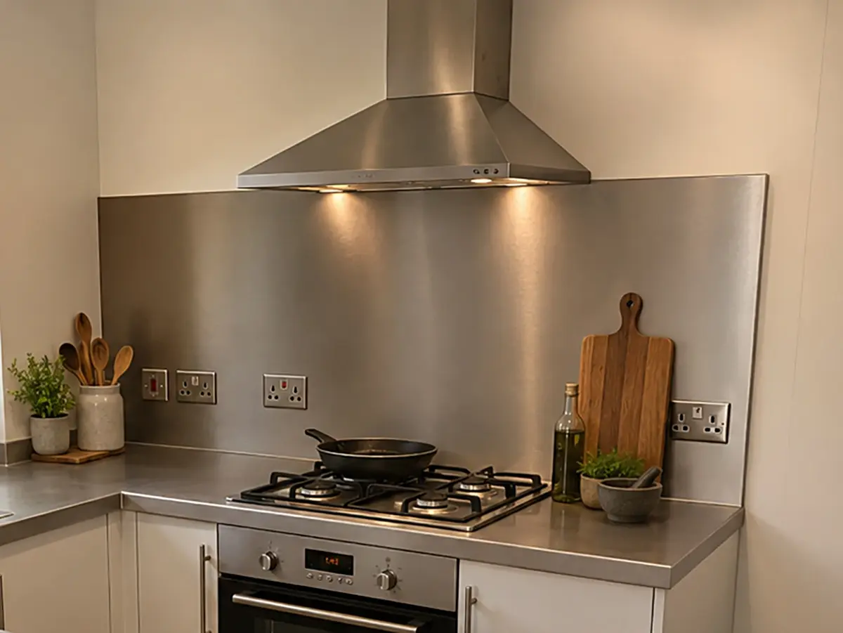 Modern kitchen cooking area featuring a full height brushed stainless steel splashback, matching worktop, integrated four burner gas hob, built in oven, and a stainless steel chimney extractor hood.