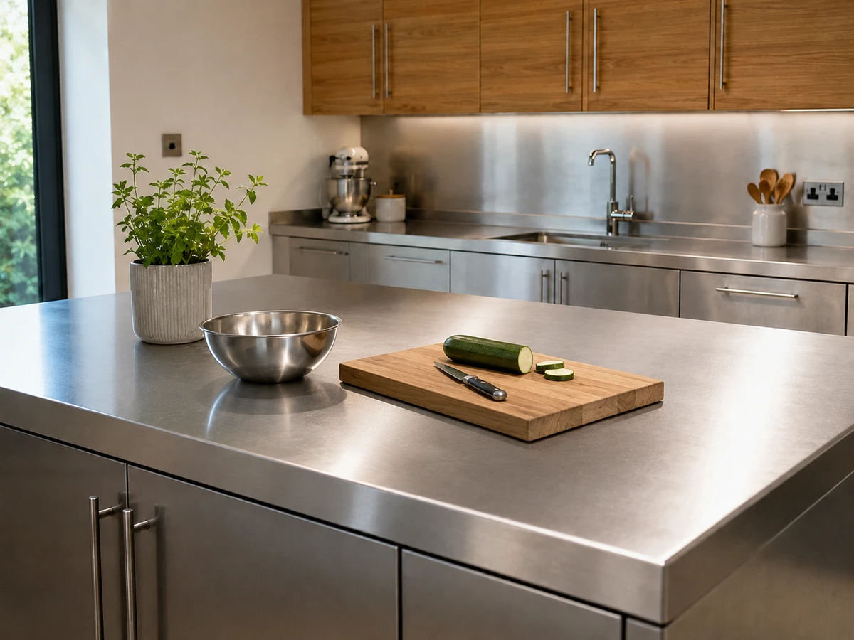Modern kitchen design showcasing stainless steel island and worktops with wooden cabinet doors and chopping board with cucumber and knife