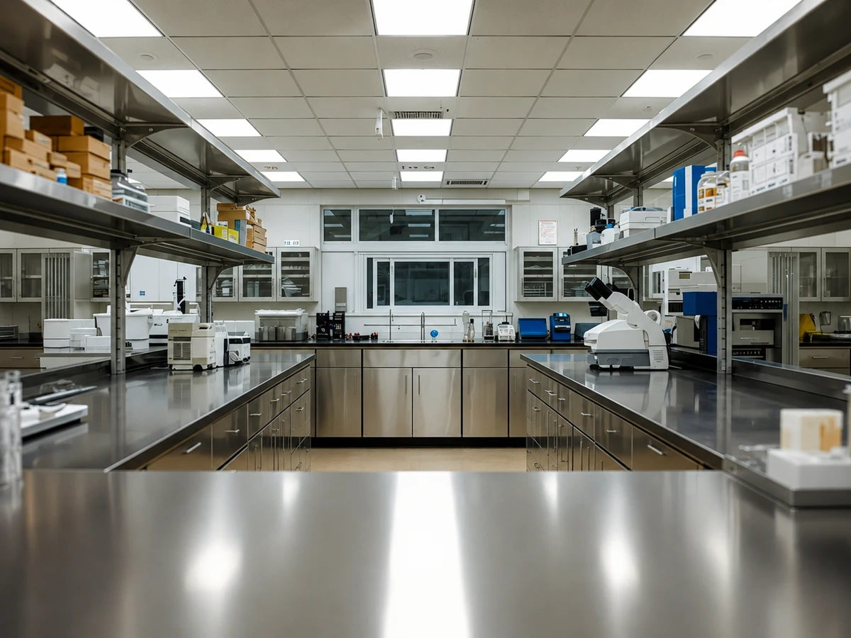 A symmetrical, wide angle view of a large scientific laboratory featuring long stainless steel islands, overhead gantry shelving, and integrated technical testing equipment.
