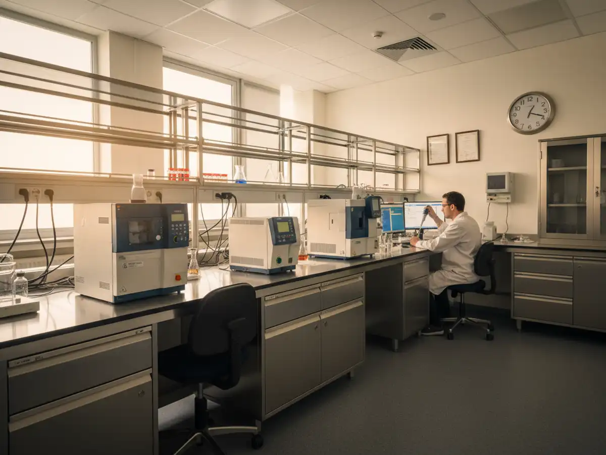 A lab technician wearing a white coat working at a computer terminal along a long row of stainless steel laboratory benches equipped with analytical testing machinery.