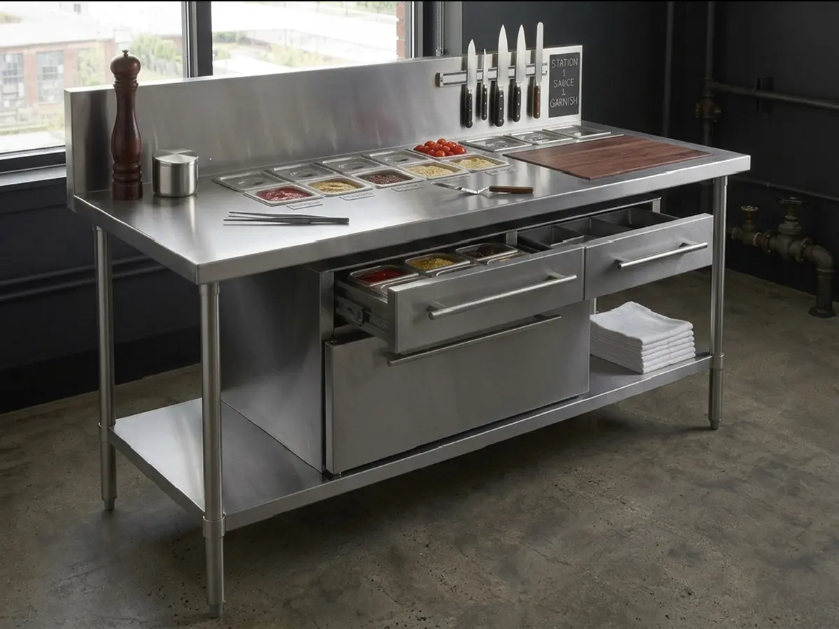 A professional stainless steel kitchen prep table featuring flush mounted ingredient pots, a magnetic knife rack, and integrated refrigerated drawers holding fresh ingredients.