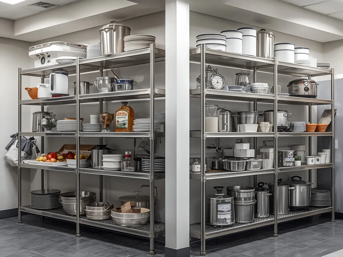 Freestanding stainless steel wire shelving units either side of a pillar, stocked with crockery, pans and kitchen equipment