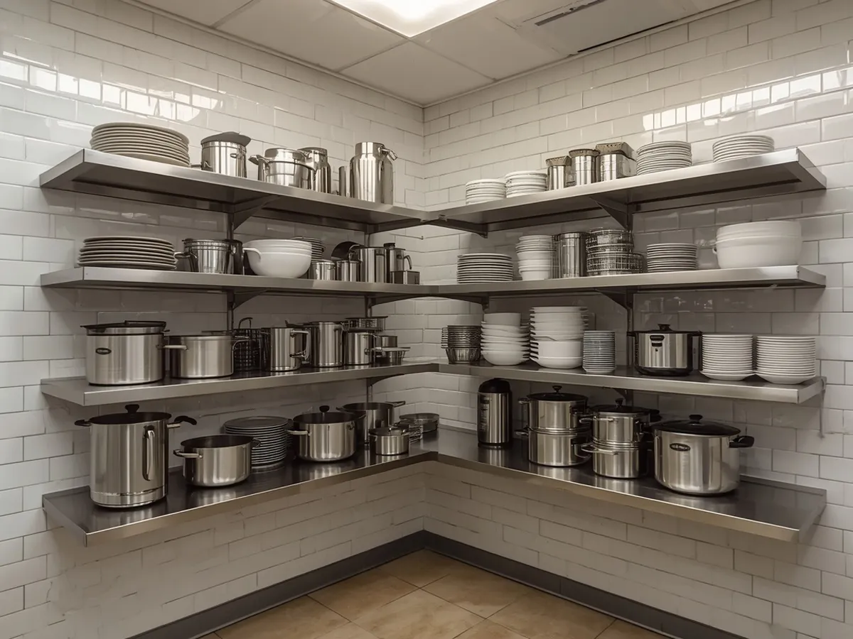 Bespoke stainless steel corner wall shelving fitted with white crockery and stainless pots in a commercial kitchen