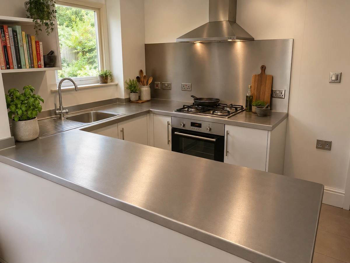 Compact U shaped kitchen featuring seamless brushed stainless steel worktops, an integrated sink, a built in oven with a gas hob, and a matching full height stainless steel splashback.