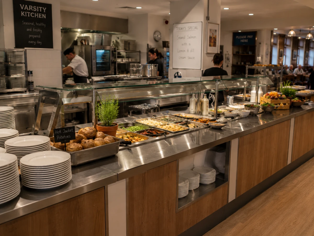 A university canteen or commercial cafeteria hot servery counter with stainless steel food trays, glass sneeze guards, stacks of plates, and catering staff working in the background.