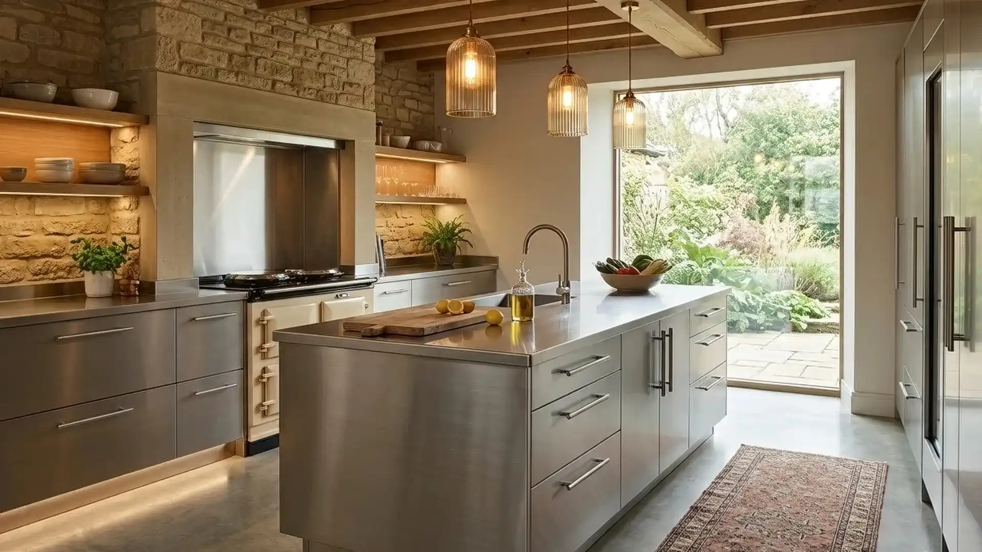 A modern English barn conversion kitchen featuring a brushed stainless steel island and cabinets with T bar handles, a traditional cream AGA range cooker set in a stone wall alcove, ribbed glass pendant lights, and exposed wooden ceiling beams.
