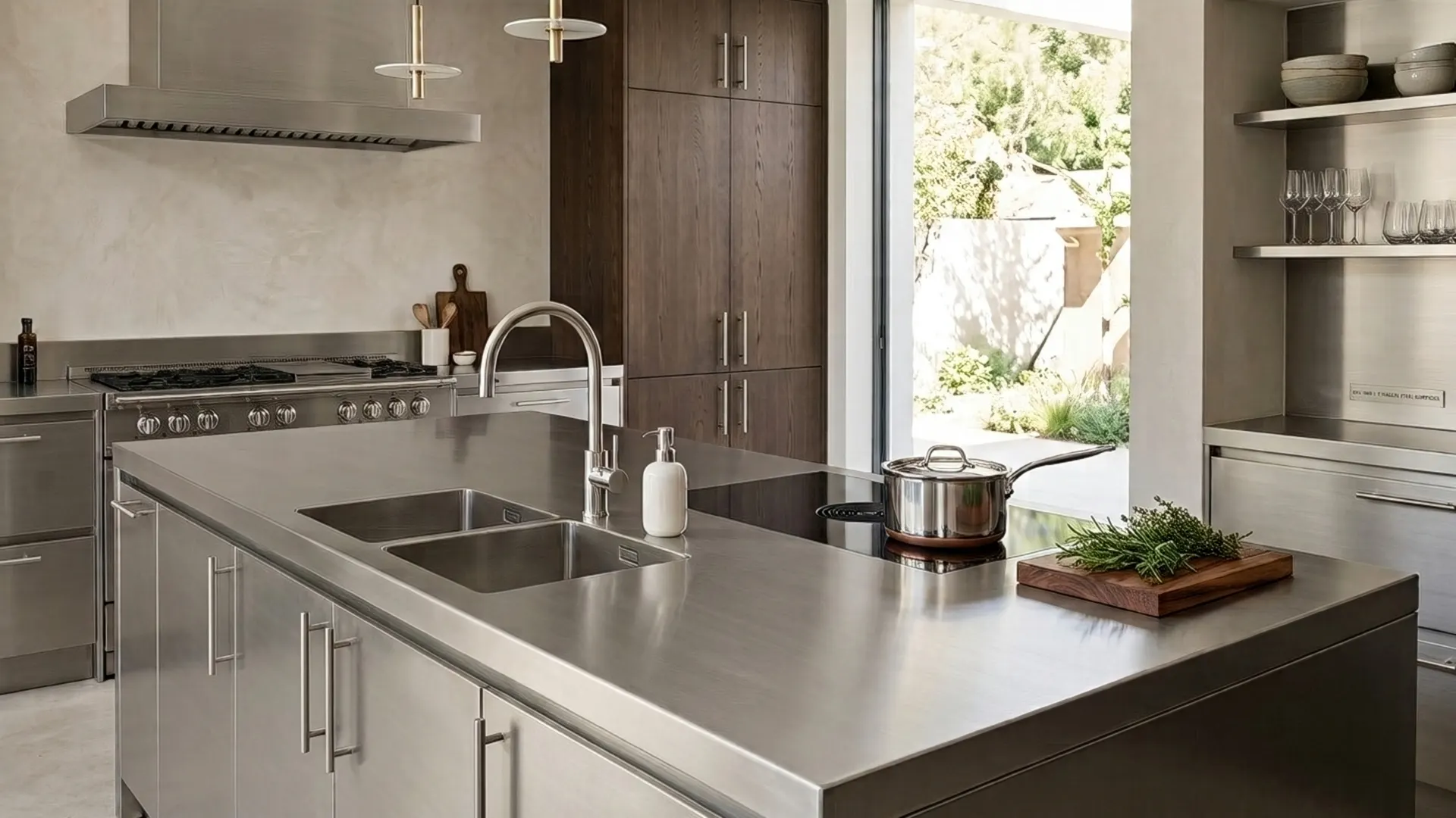 A modern minimalist kitchen featuring a brushed stainless steel island with an integrated double sink and flush induction hob, surrounded by matching steel units, dark wood tall cabinets, and elegant brass pendant lighting.