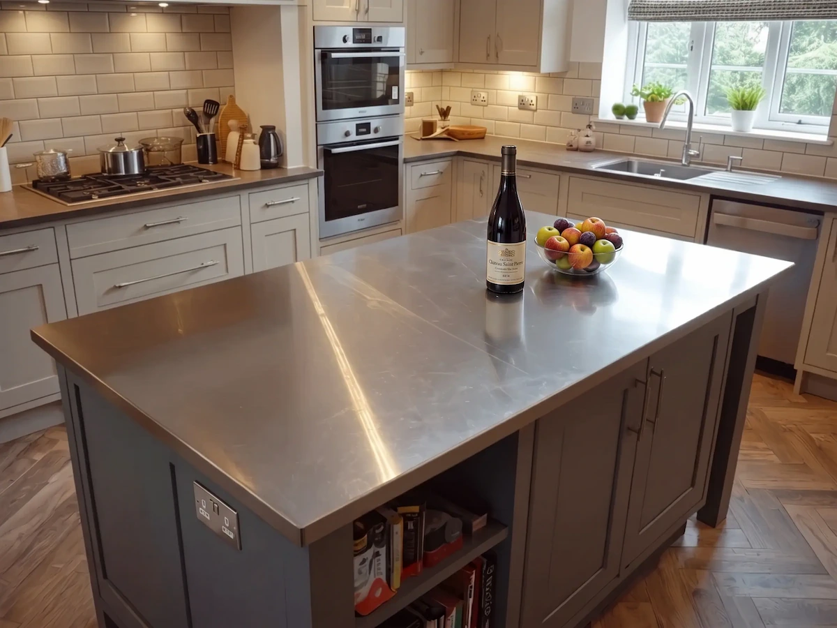Modern traditional kitchen featuring a central island with a brushed stainless steel worktop, dark grey shaker cabinets, a built in double oven, gas hob, and herringbone wood flooring