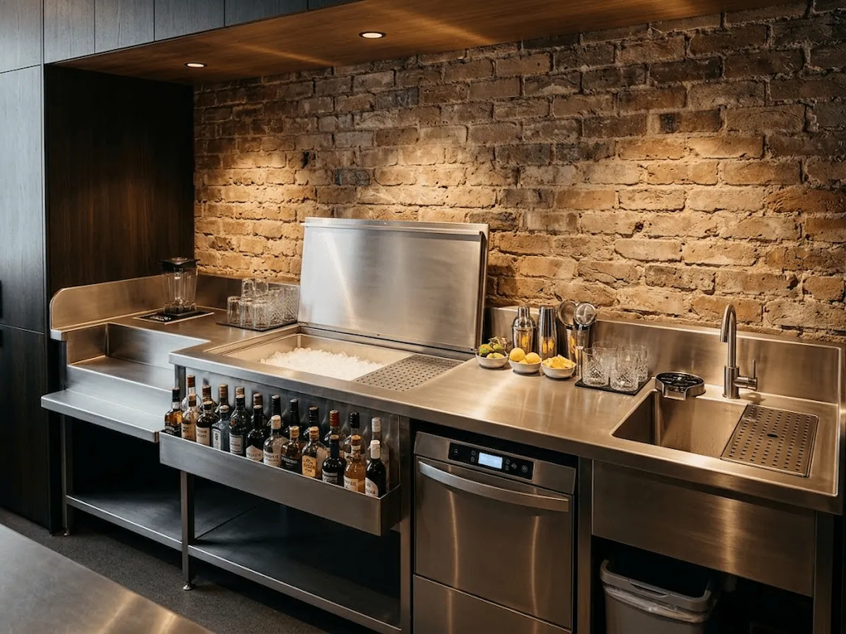A custom 304-grade stainless steel cocktail station featuring a stepped work platform, integrated ice well, double tier speed rail, and sink, installed against an exposed brick wall in a luxury bar setting.