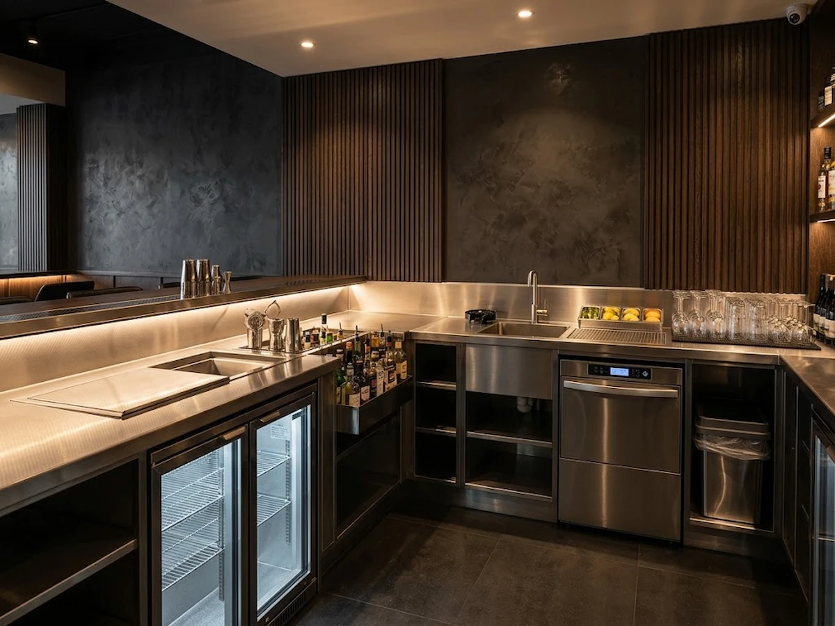 A bespoke 304 grade stainless steel underbar unit with integrated sinks, ice wells, speed rails, and under worktop appliances, fitted against dark fluted oak and textured Venetian plaster walls in a modern luxury bar.