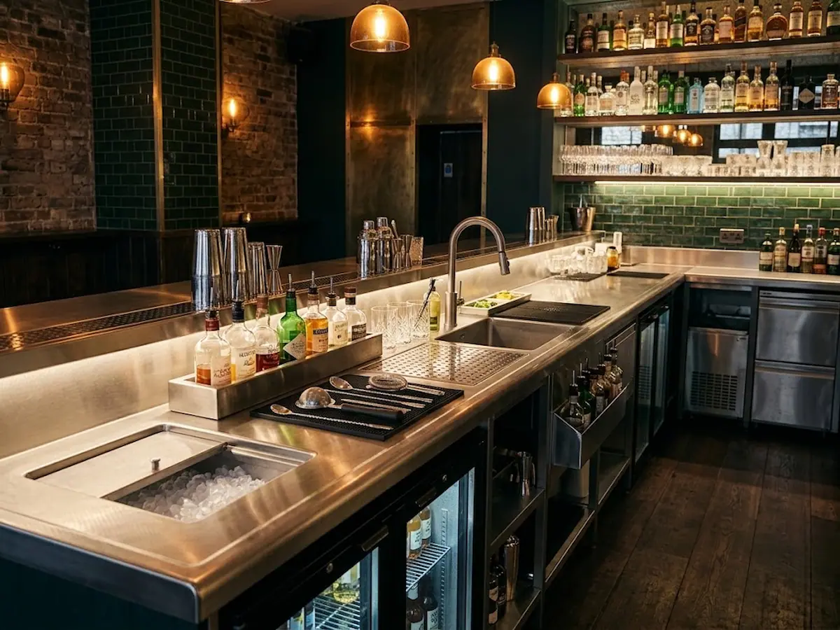 An empty, bespoke 304 grade stainless steel cocktail station featuring an integrated ice well, speed rail, sink, and under counter refrigeration, set against dark green tiled and exposed brick walls in a moody London bar.