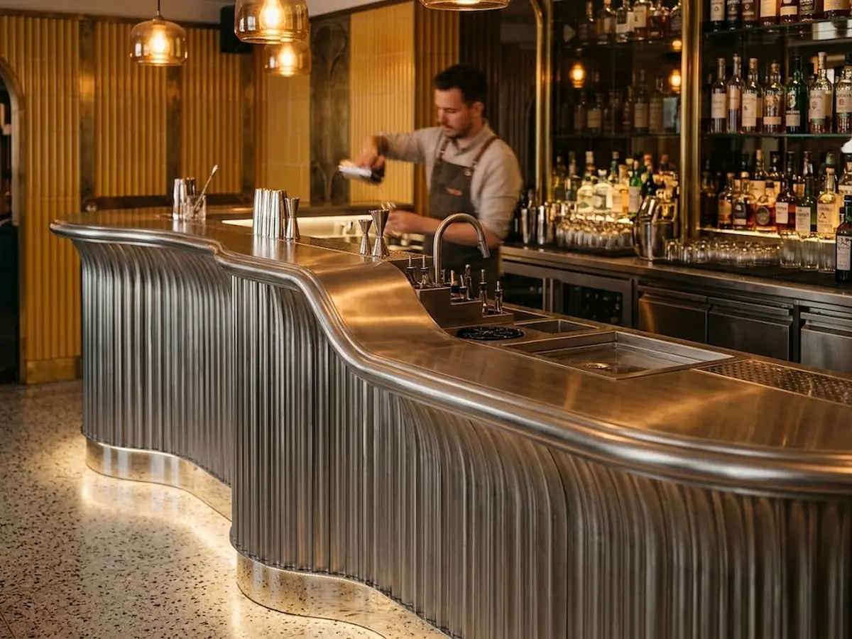 A low three quarter angle view of a sculptural, wave profile stainless steel bar with fluted vertical ribbing, featuring a partially visible working side and an active bartender, set on a terrazzo floor within an upmarket Soho speakeasy.
