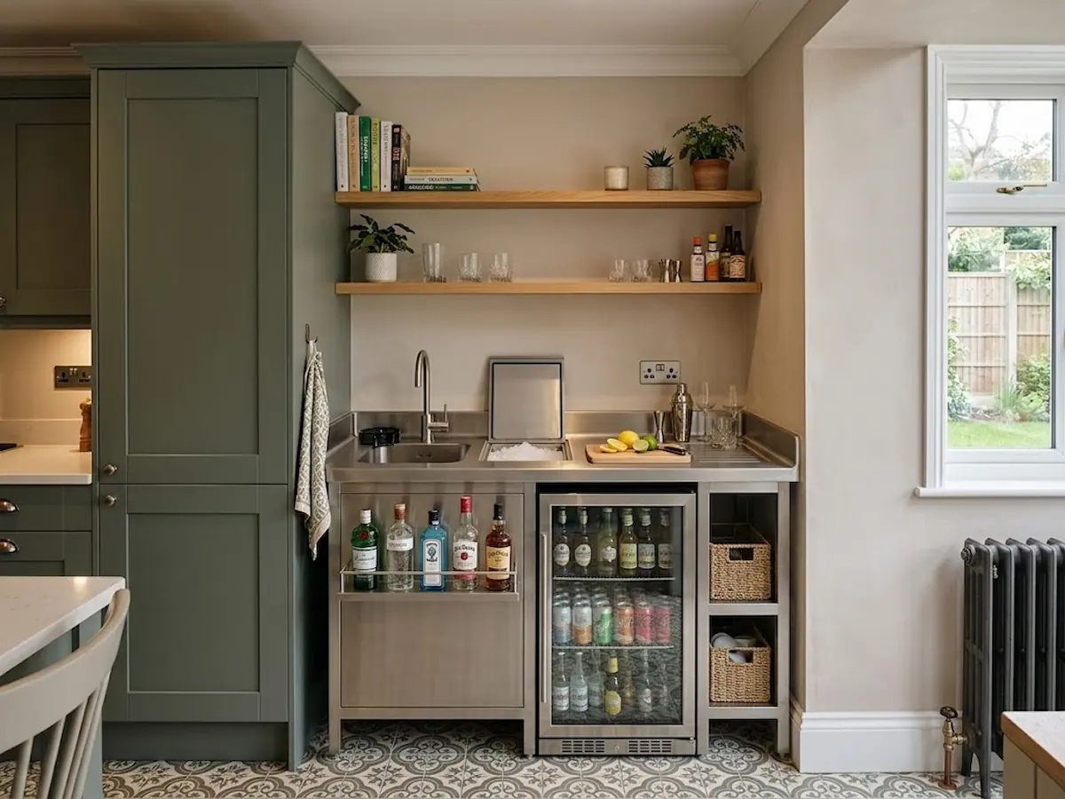 A compact 304 grade stainless steel home bar and cocktail station with an integrated sink, ice well, and speed rail, installed next to green shaker cabinets in a domestic English kitchen with patterned floor tiles.