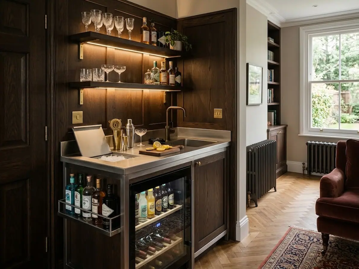 A bespoke 304 grade stainless steel home bar and cocktail station with integrated ice well, sink, and speed rail, built into dark wood cabinetry in a stylish English living room with herringbone parquet flooring.