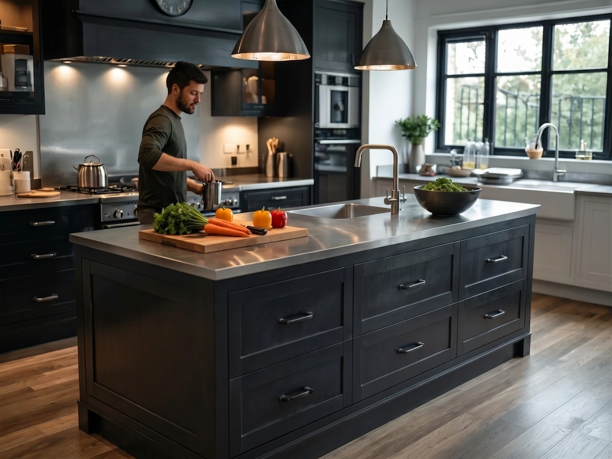 A modern industrial kitchen featuring a large central island with black cabinet doors and a brushed stainless steel worktop, industrial pendant lights, and dark shaker cabinets.