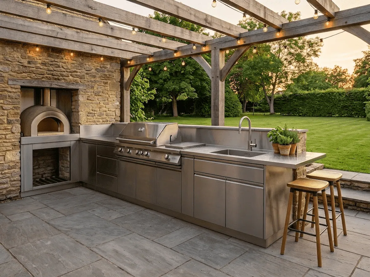 Bespoke brushed stainless steel outdoor kitchen built into a Cotswold stone wall on a patio in the UK at golden hour. Features include an integrated gas BBQ grill, a continuous worktop with an integrated welded-in sink, and a large built in pizza oven, set under a wooden pergola with festoon lights.
