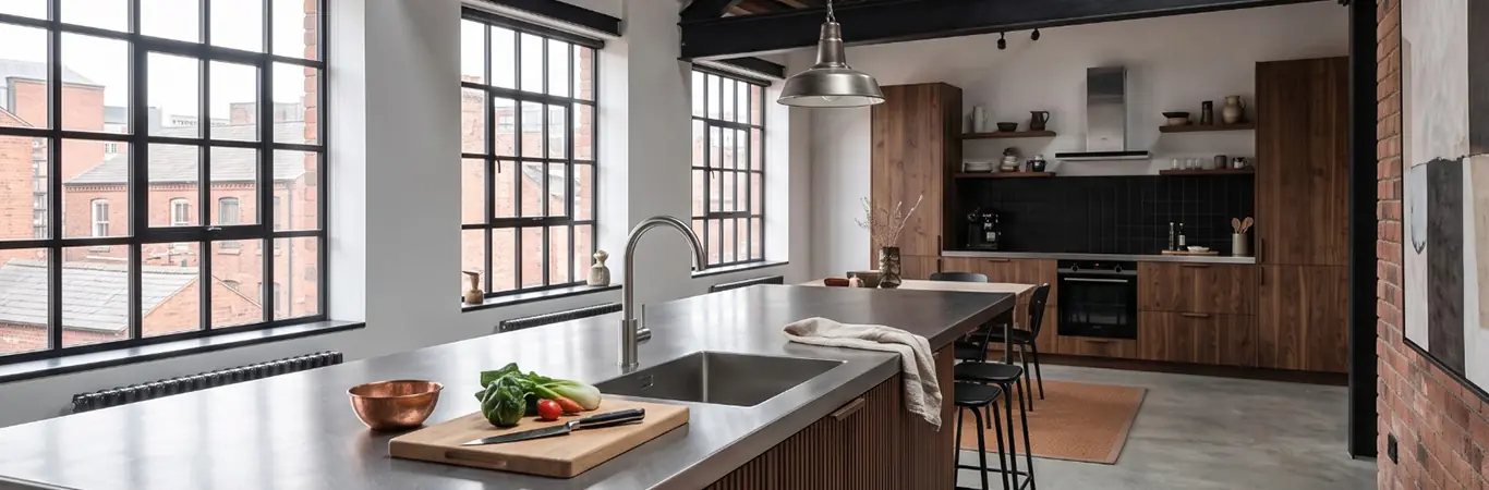 304 brushed stainless steel kitchen island worktop with seamless sink in a Birmingham loft kitchen.