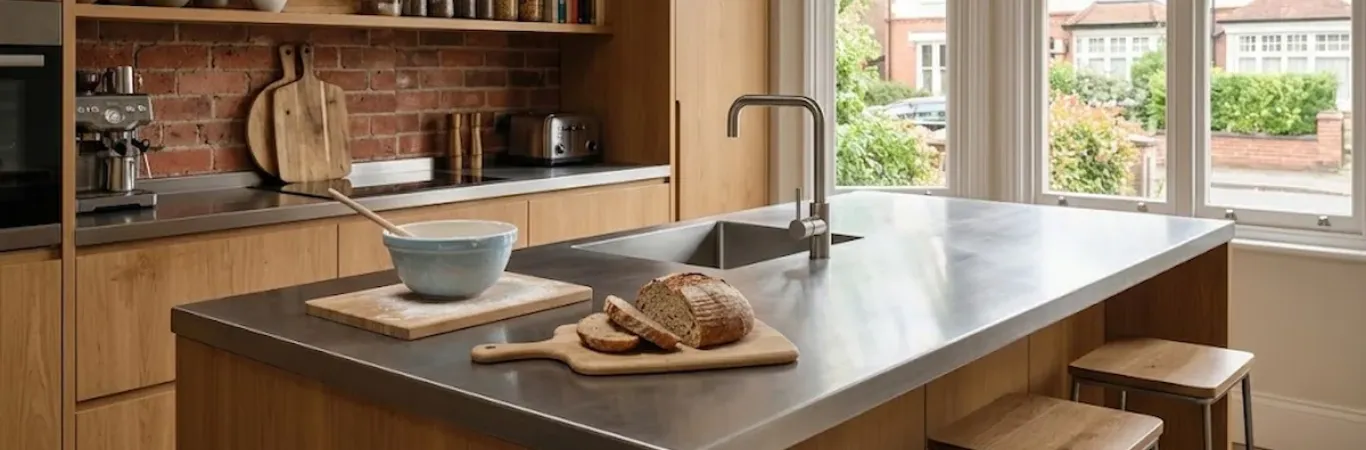 Brushed 304 stainless steel kitchen island with seamless welded sink and modern tap in a Nottingham city centre kitchen