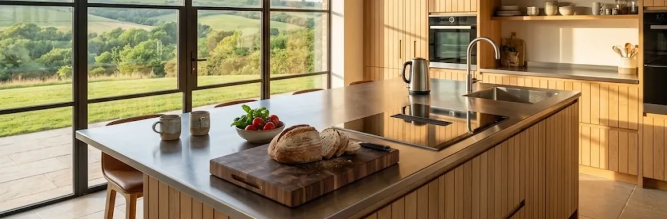 3.5 metre brushed 304 stainless steel kitchen island with integrated sink and flush induction hob in a Sussex country home kitchen with South Downs views