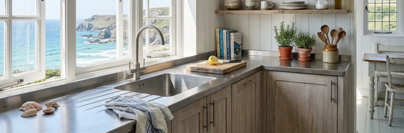 Brushed marine grade stainless steel worktop with seamless sink and fluted drainer in a Cornwall coastal kitchen with sea views