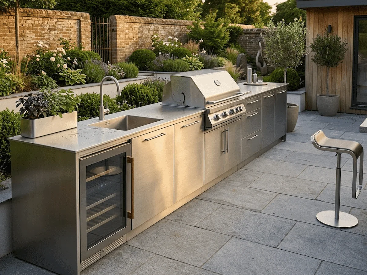 A bespoke brushed stainless steel outdoor kitchen unit with an integrated gas barbecue, sink, and under worktop wine cooler on a stone patio in a traditional English country garden during golden hour