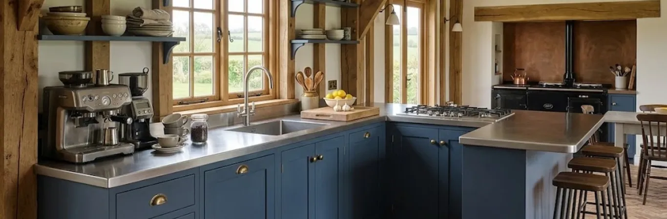Satin brushed stainless steel worktops with breakfast bar and seamless sink over deep blue shaker cabinets in a Suffolk timber framed farmhouse kitchen