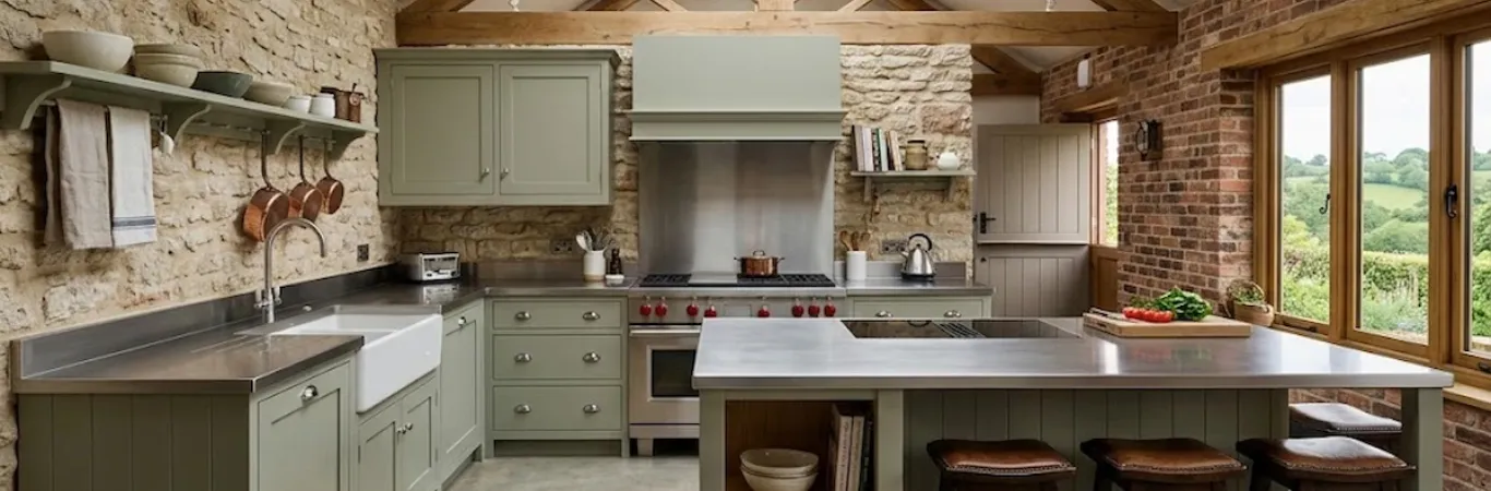 304 satin stainless steel L shaped worktops and island in a Leicestershire barn conversion kitchen