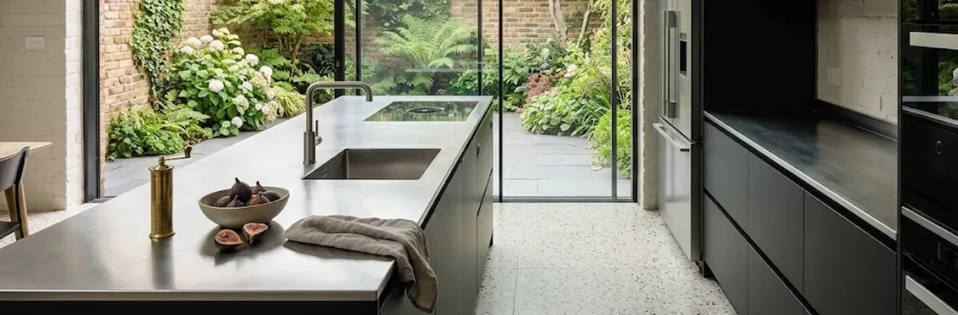 Ultra thin brushed stainless steel island worktop with seamless sink in a South London Victorian terrace extension